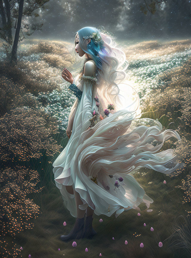 Blue-haired woman in white dress in magical flower field
