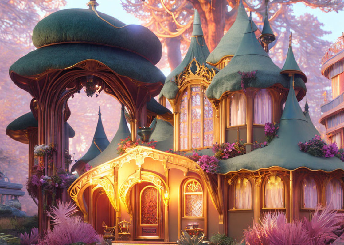 Enchanted forest scene with whimsical mushroom houses and purple flora