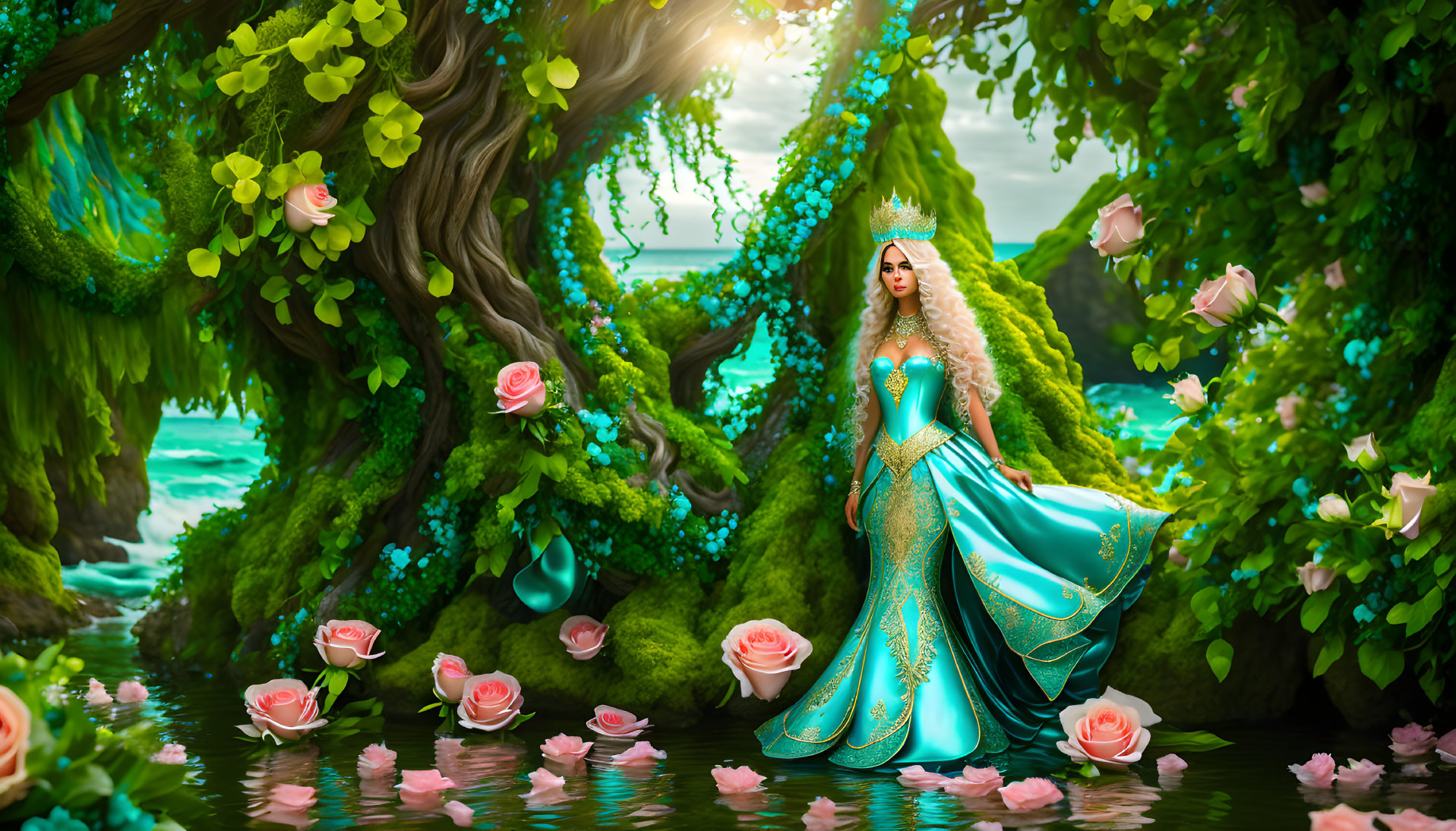 Elaborate Turquoise Gown Woman in Magical Forest