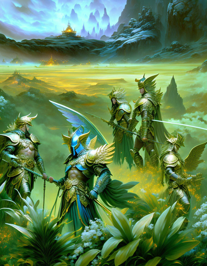 Armored knights on horseback in lush fantasy landscape with castle