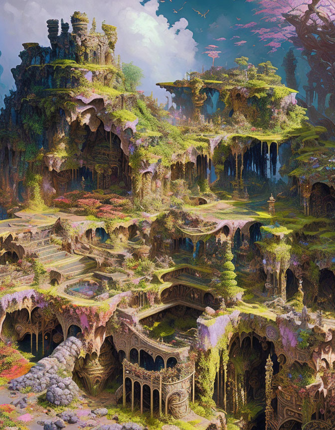 Fantastical landscape with ancient ruins and lush vegetation under bright sky