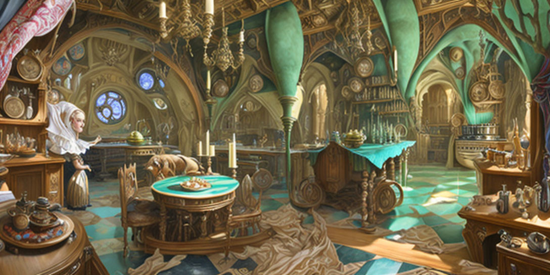 Fantasy library with arches, woman reading, books, globes, clocks, and instruments