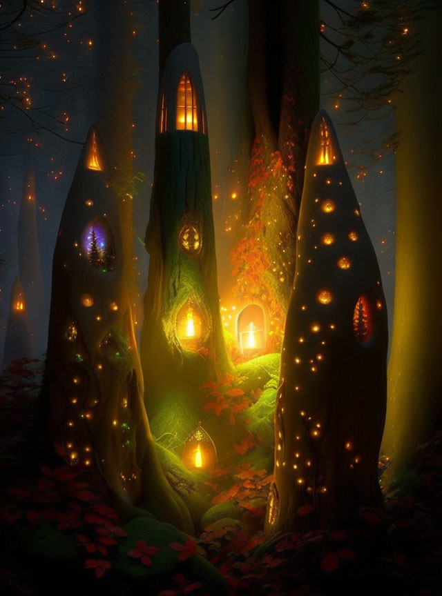 Magical illuminated forest scene with glowing windows, doors, lanterns, and red leaves