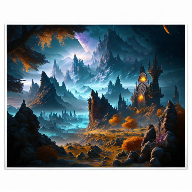Fantastical landscape with glowing castle, mountains, starry sky, crescent moon