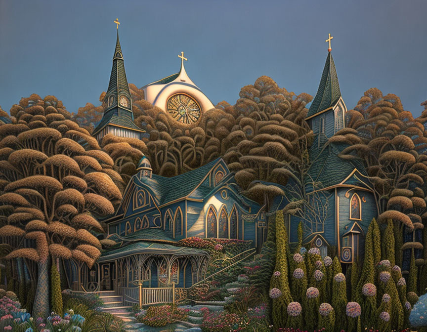 Whimsical village illustration with Victorian-style houses and dense trees