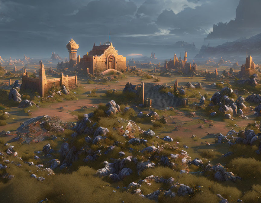 Golden-lit fantasy landscape: ancient ruins, rocks, lush grass, cloudy sky at dawn/dusk