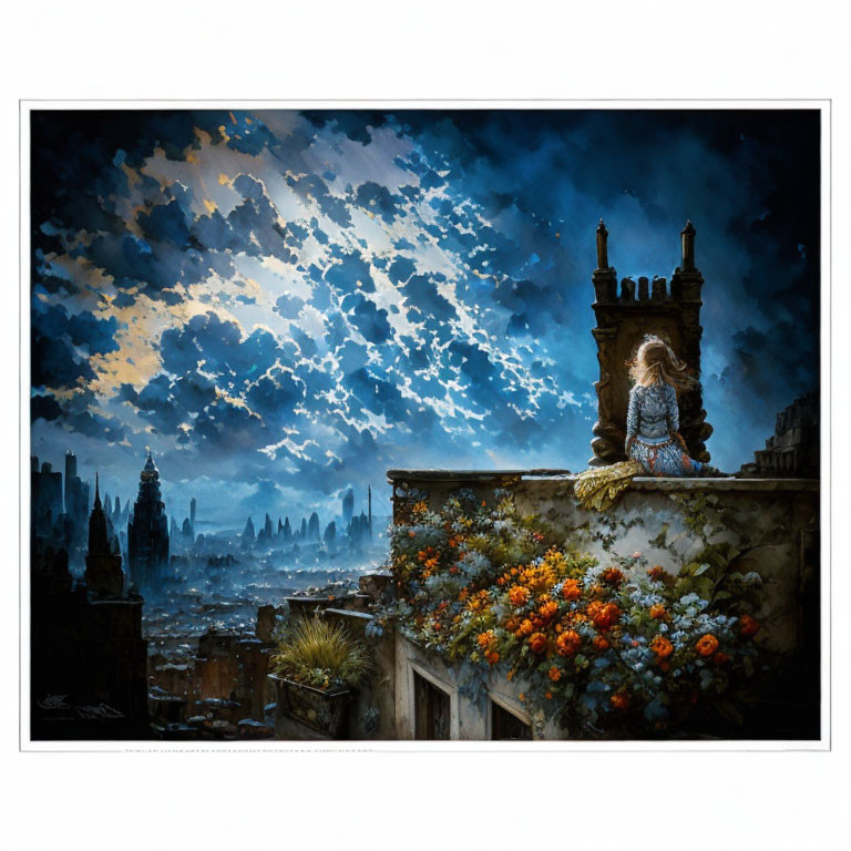Woman overlooking dystopian city at night with flowers and star-filled sky