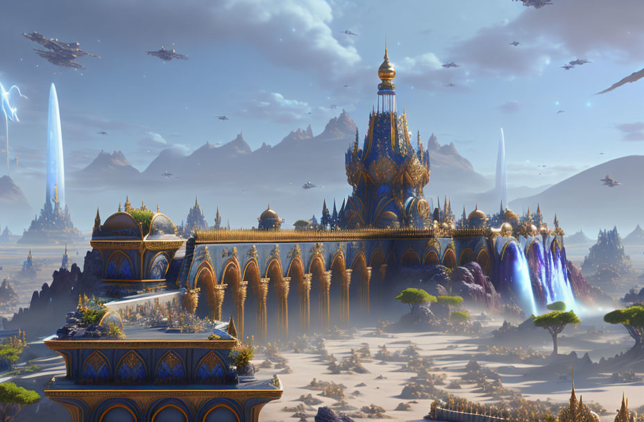 Majestic golden palace in fantasy landscape with bridges and spires