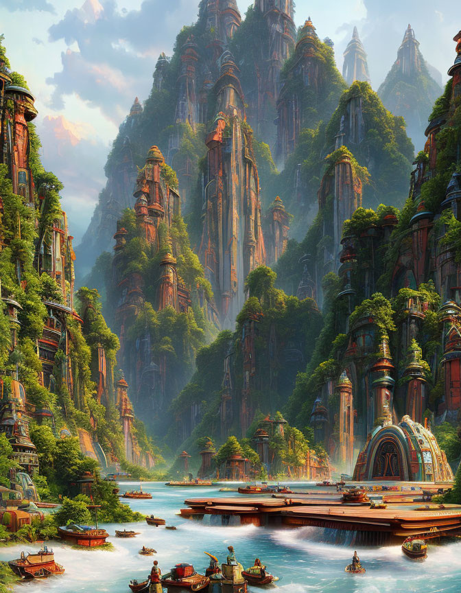 Majestic cliffs, ornate buildings, river boats, and lush greenery in a fantasy landscape