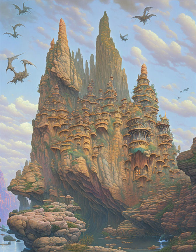 Fantasy castle with spires in rocky cliffs by water in mystical landscape