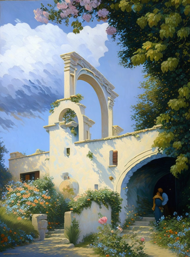 Sunlit Mediterranean-style villa painting with arches and lush gardens.