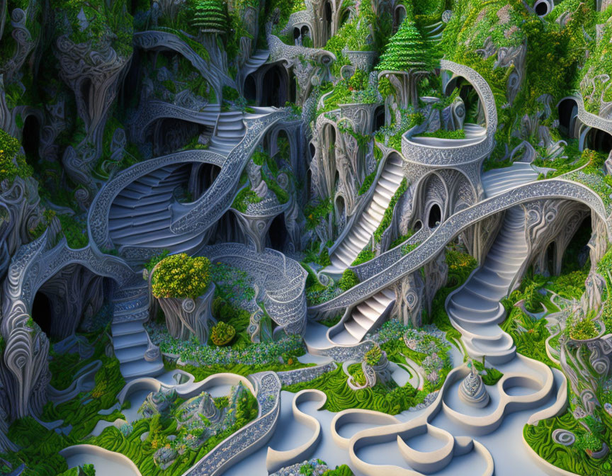 Surreal landscape with intertwining staircases and arches