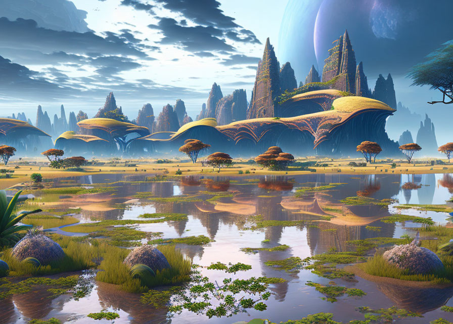 Alien landscape with rock formations, reflective water, dome-shaped vegetation, and giant planets.