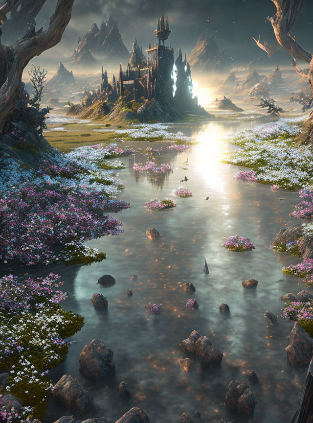 Mystical fantasy landscape with castle, spires, floral riverbank, and sunset sky