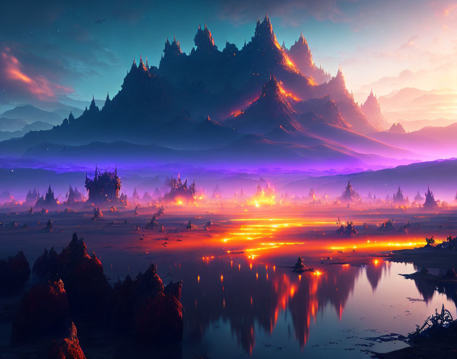 Fantasy landscape with vibrant sunset, tranquil lake, majestic mountains, and mystical structures