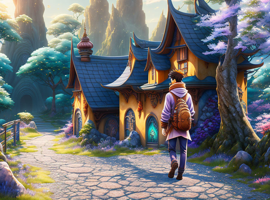 Person walking towards whimsical house in vibrant fantasy landscape