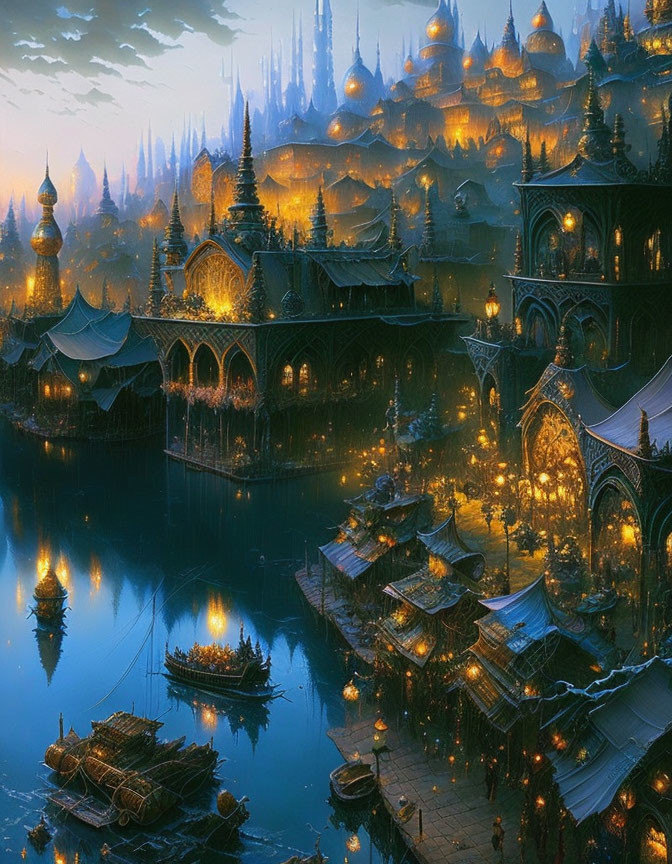 Luminescent fantasy city with medieval buildings and canal at twilight