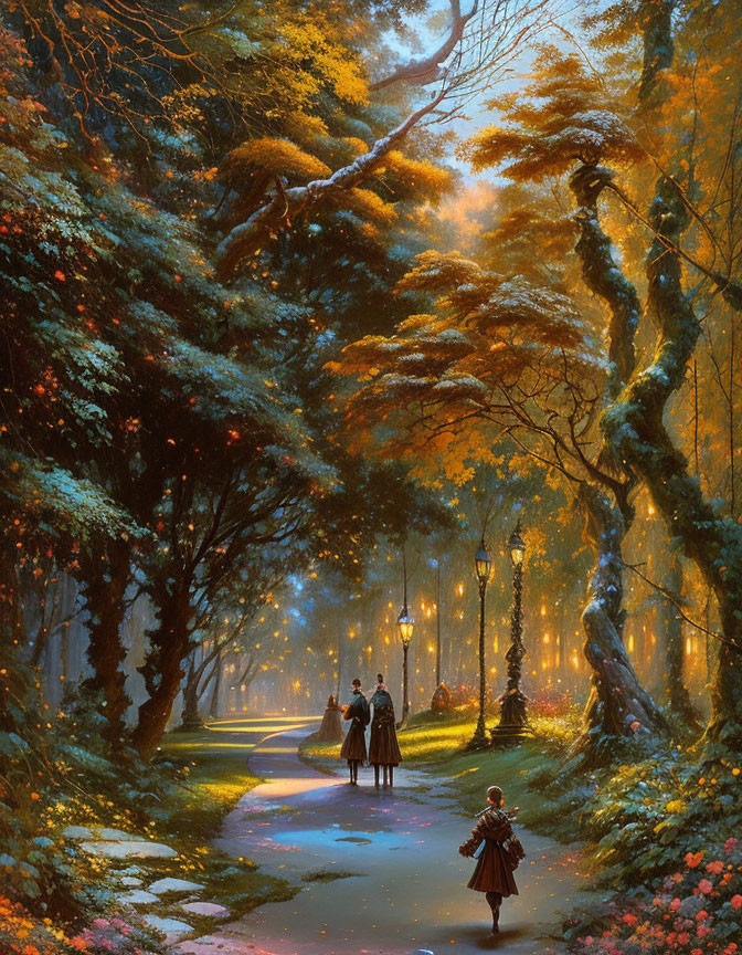 Enchanted forest with glowing path and vintage-dressed group in autumnal setting