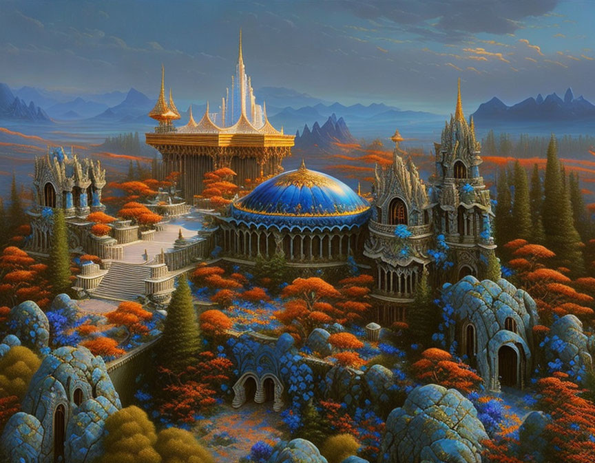 Vibrant autumnal trees and ornate buildings in fantastical landscape