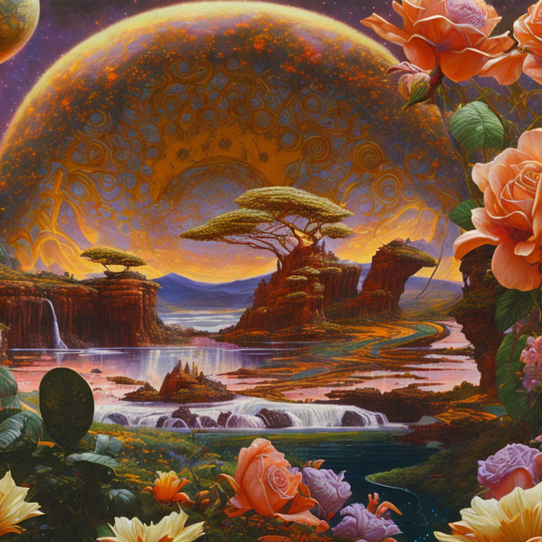 Fantasy landscape with oversized roses, serene lake, waterfalls, and large moon.