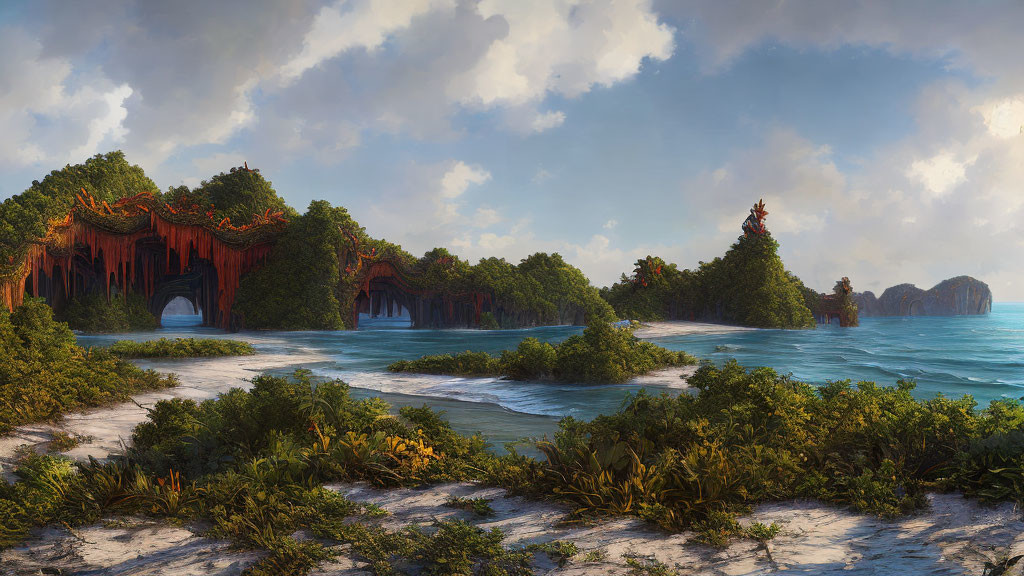 Tranquil beach scene with lush greenery and red-tinged trees