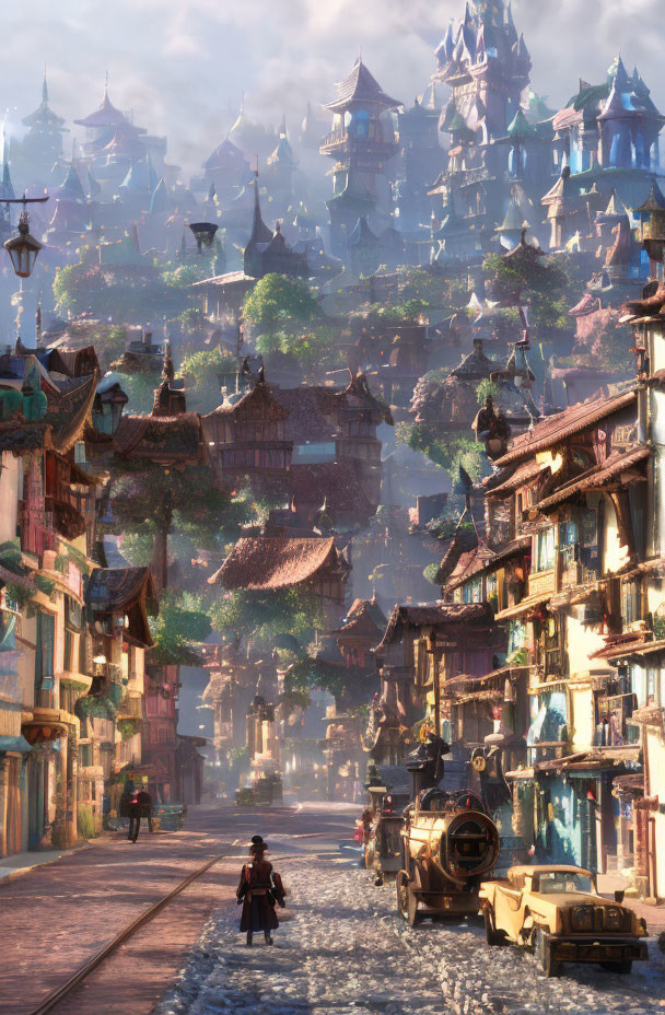 Fantasy street scene with traditional buildings and towering castles in morning light