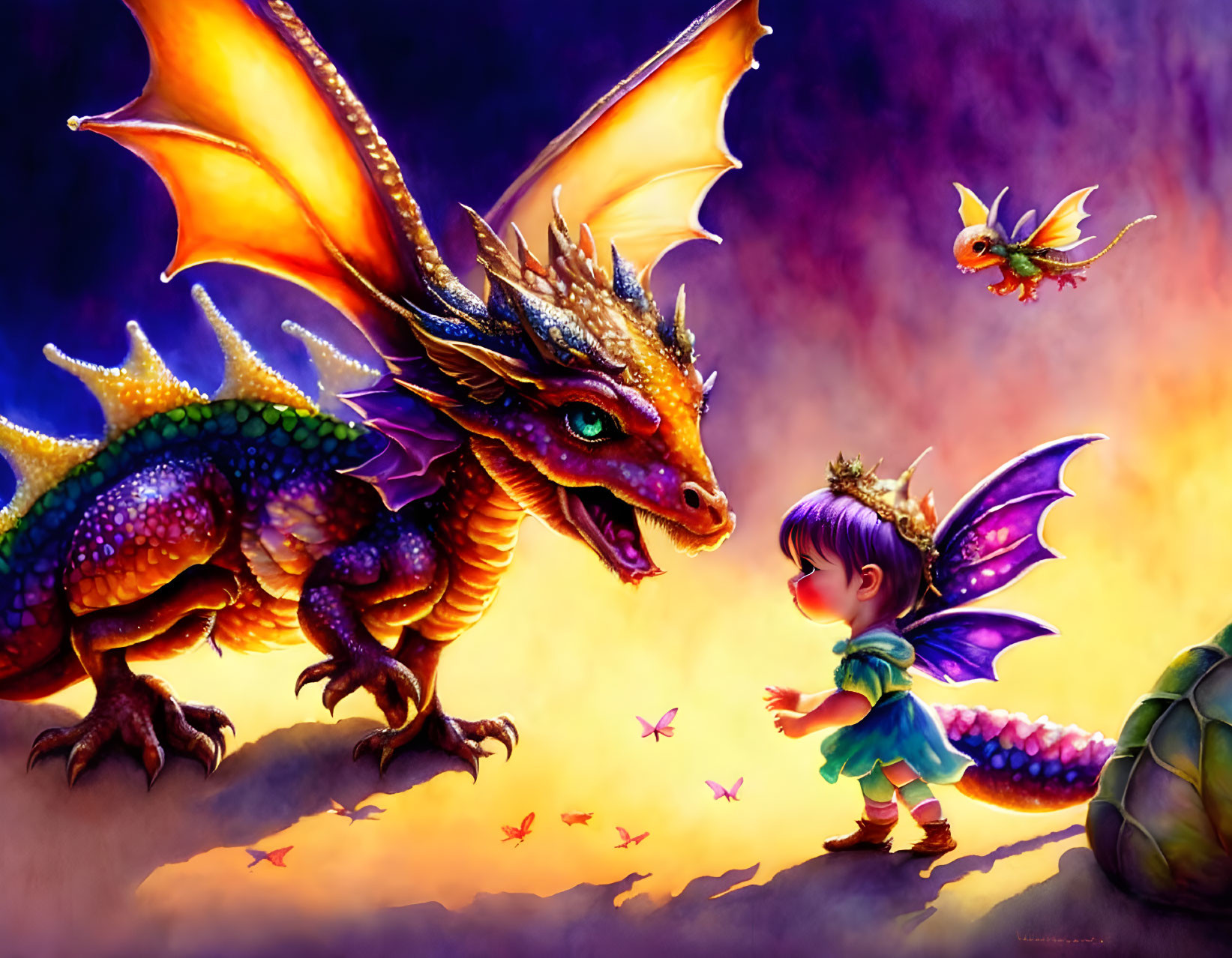 Colorful Dragon and Fairy Girl in Matching Costumes with Flying Creature