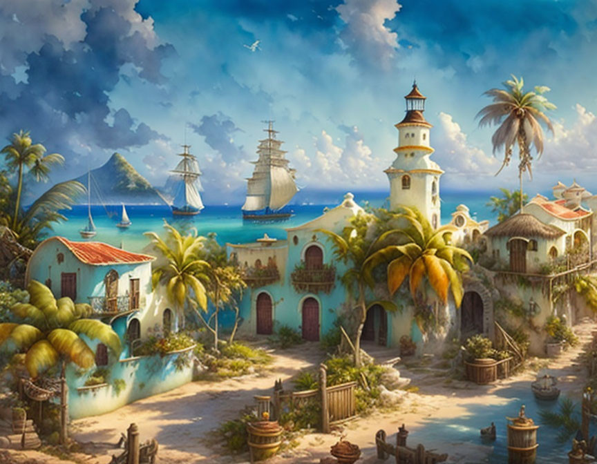 Tranquil harbor scene with sailing ships, lighthouse, and Spanish-style buildings