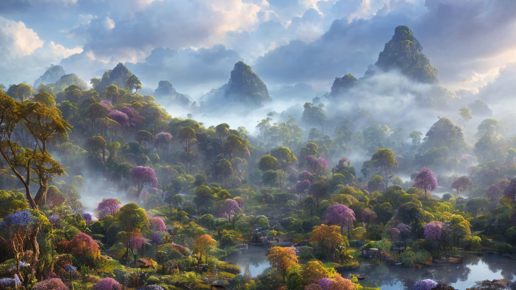 Misty forest landscape with purple flowering trees