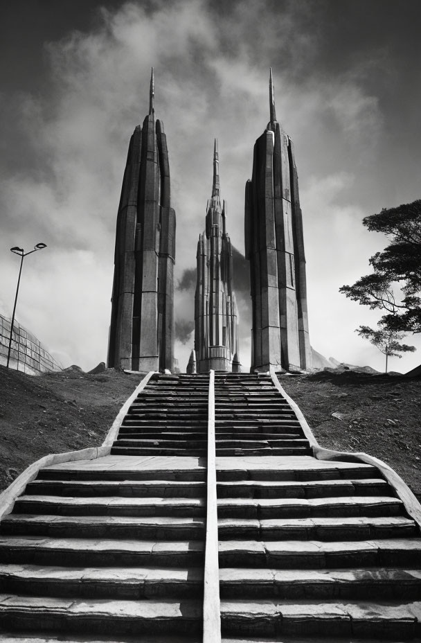 Monochrome futuristic building with spires under dramatic sky