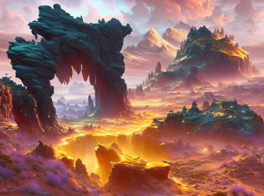 Majestic mountains and glowing lava rivers in a fantastical landscape