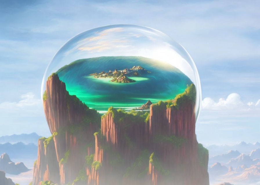 Surreal landscape with towering cliffs and floating village in bubble
