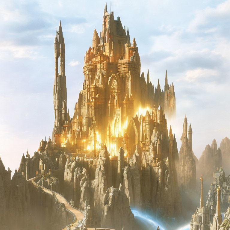 Majestic fantasy castle with glowing spires in rocky terrain