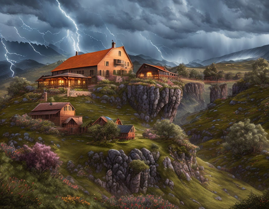 House on rocky outcrop with illuminated windows under stormy sky surrounded by greenery.