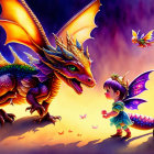 Colorful Dragon and Fairy Girl in Matching Costumes with Flying Creature