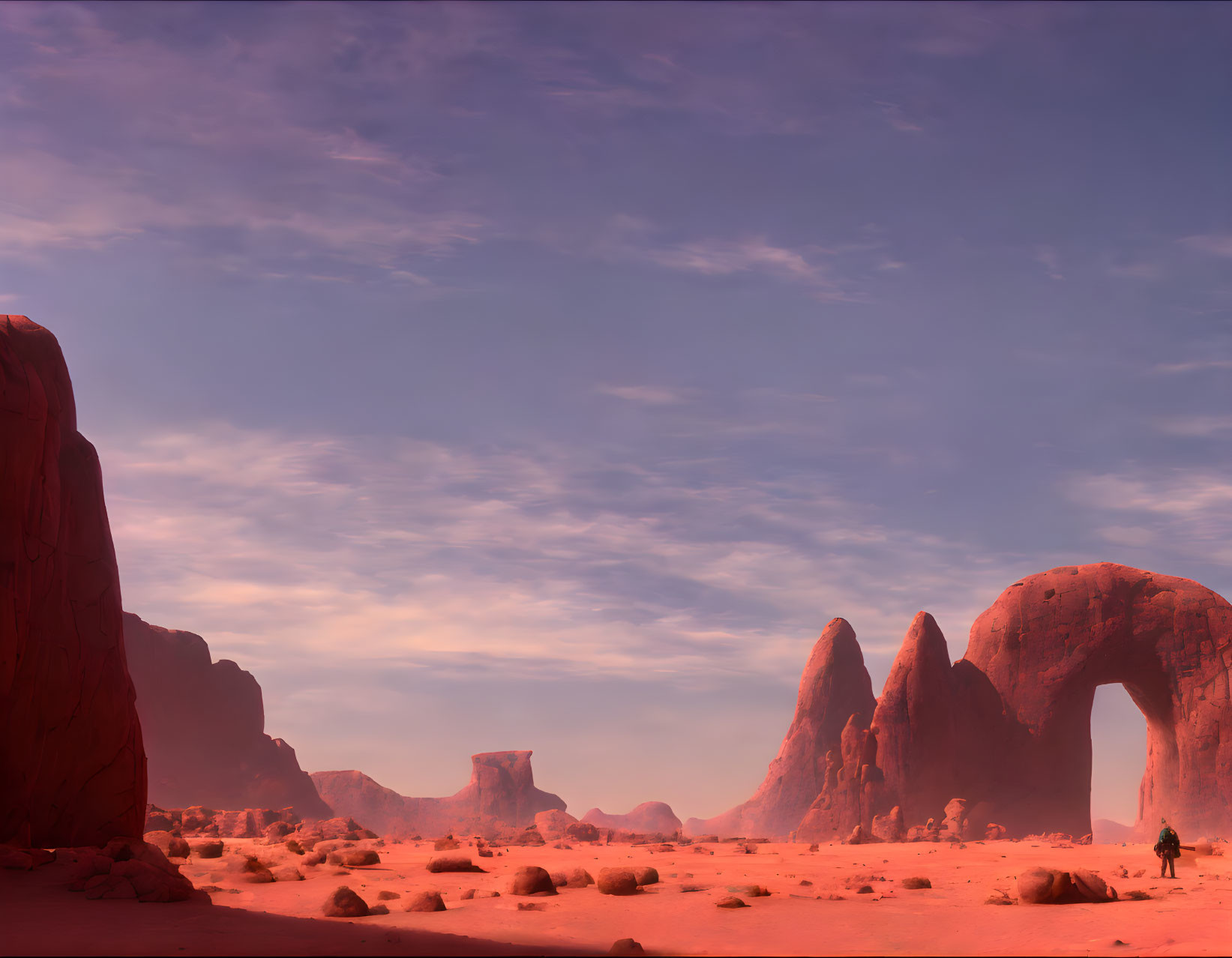 Twilight desert landscape with rock formations and solitary figure