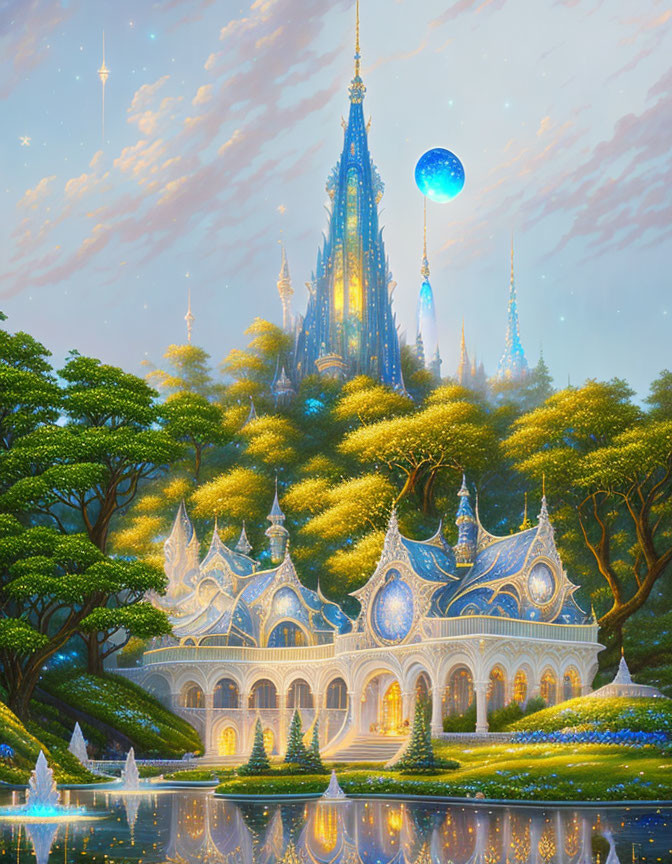 Fantasy castle with spires in luminous forest by tranquil lake