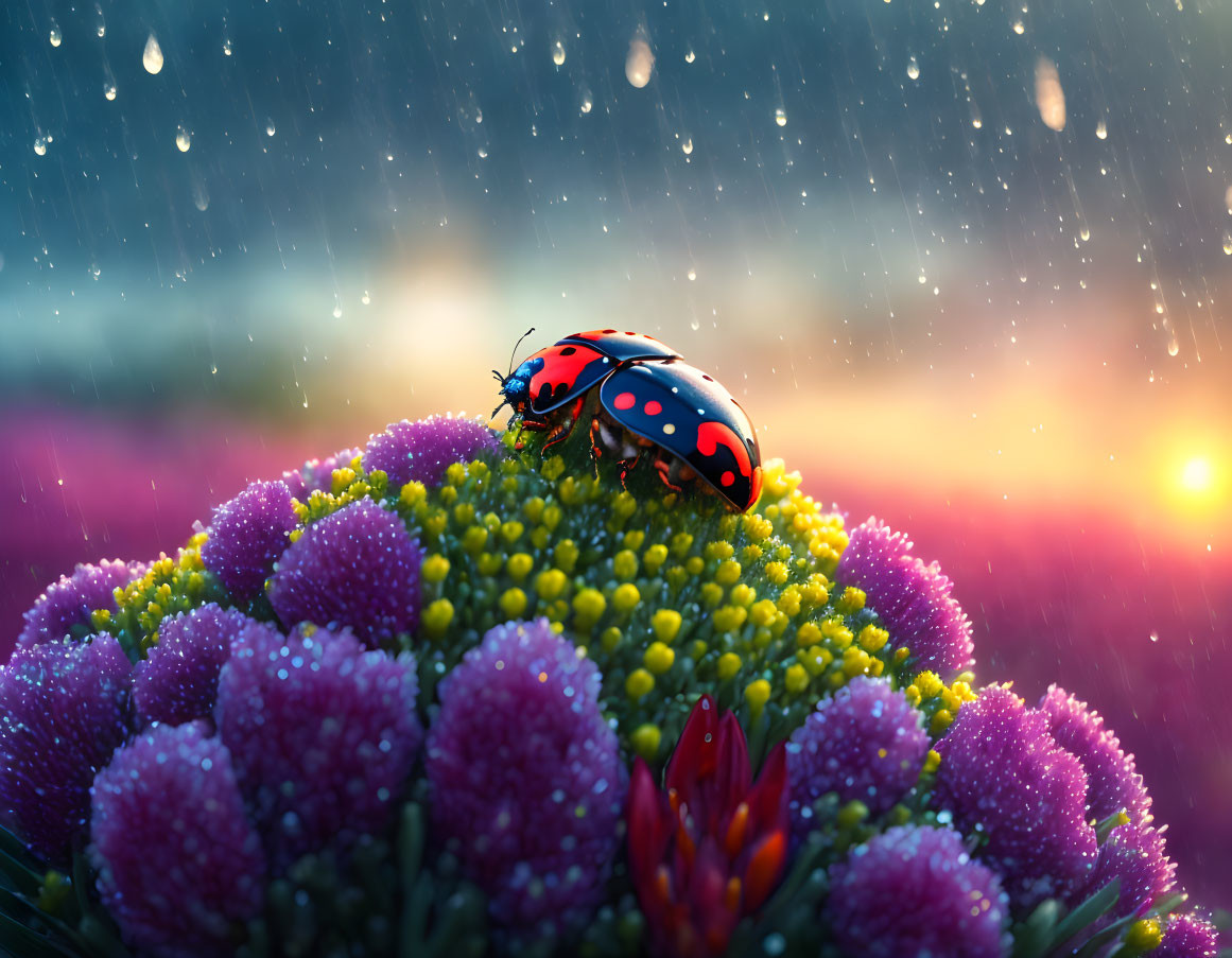 Vibrant purple and yellow flower with ladybug in rain shower and sunbeams