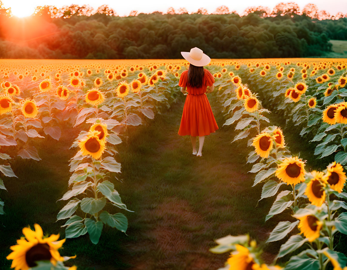 Woman in red dress walks through sunflower field at sunset