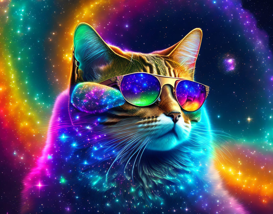 Colorful Cat with Space Background and Mirror Sunglasses