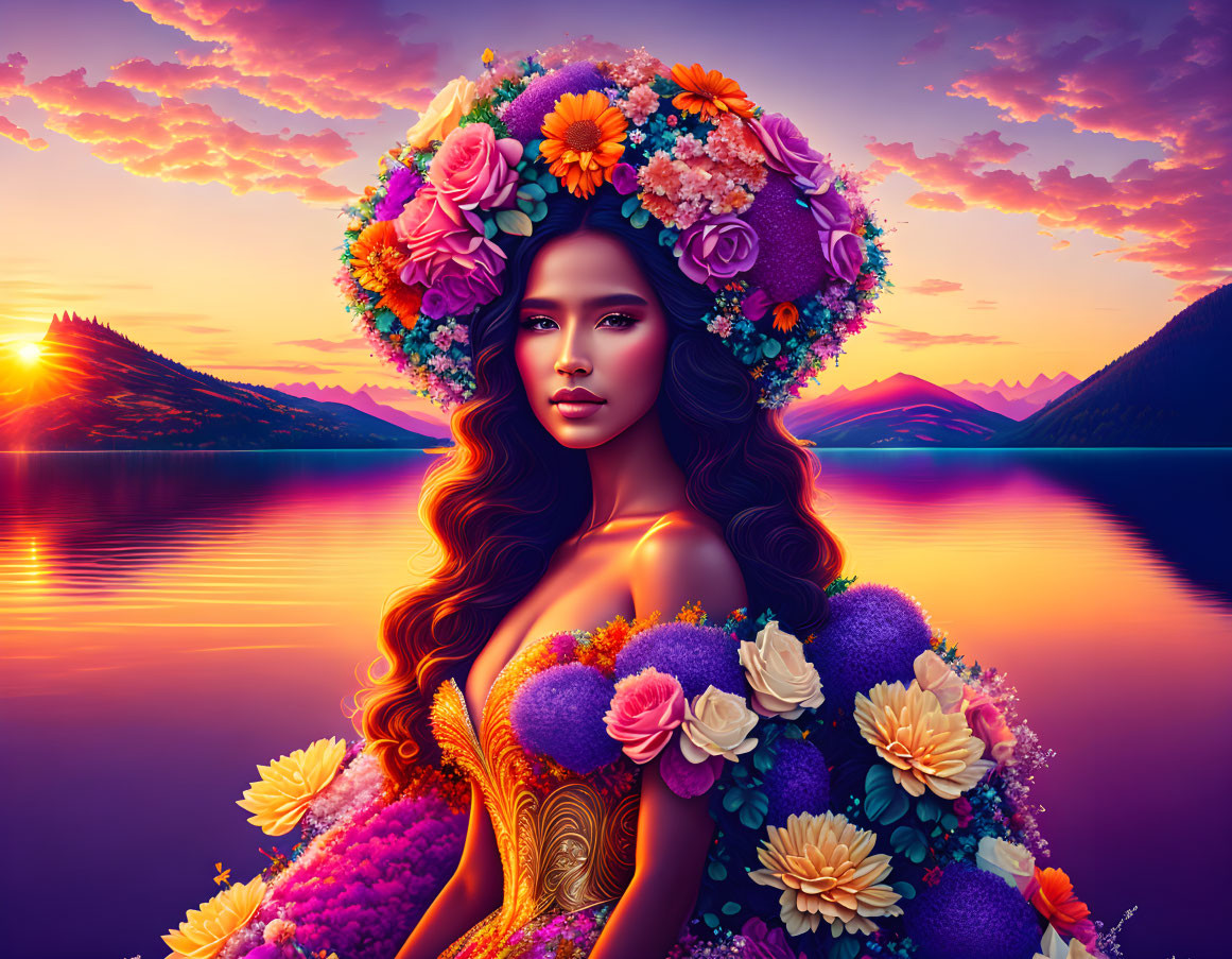 Woman in floral headdress and dress against vibrant sunset by mountainous lake