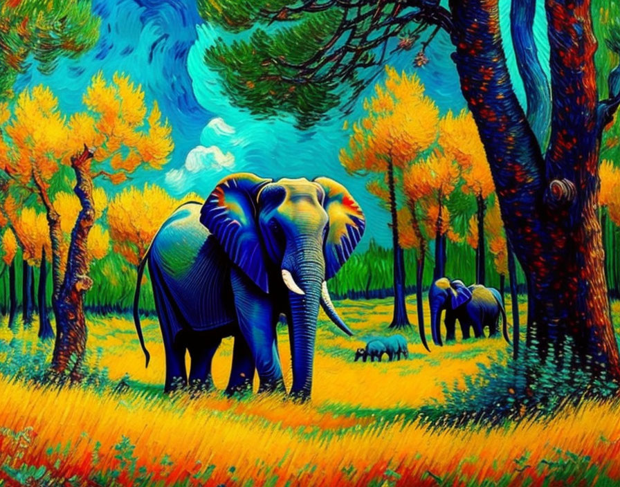 Colorful Artwork: Blue Elephants in Vibrant Forest Setting