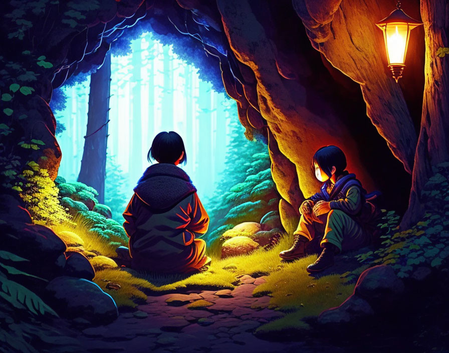 Two people at cave entrance with lantern, mystical forest view