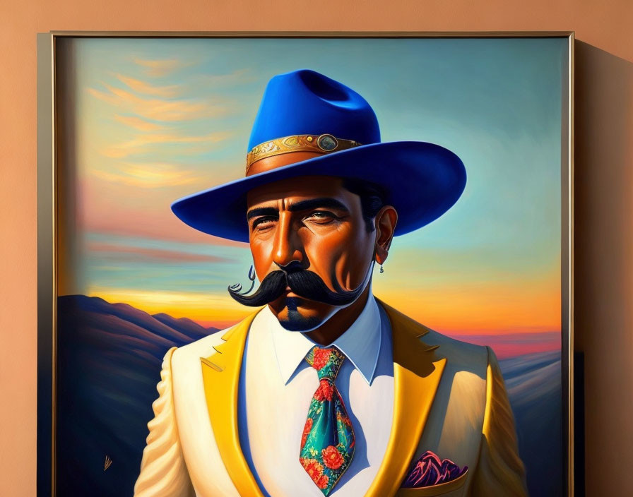 Colorful portrait of a man with a mustache in blue hat and yellow suit against sunset.