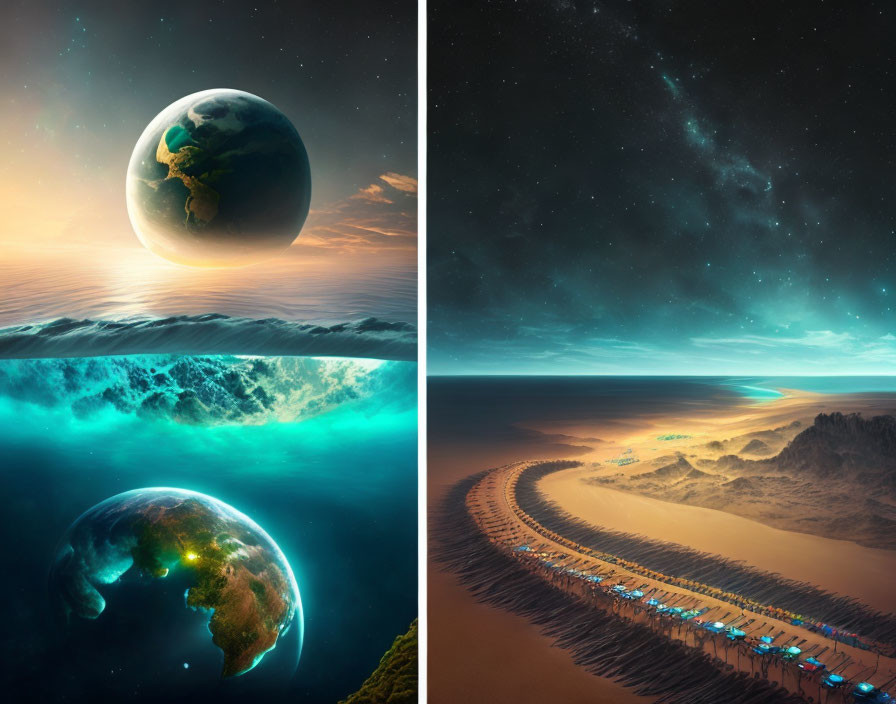 Four Image Collage: Planet over Ocean, Starry Sky, Underwater Planet, Desert with Blue