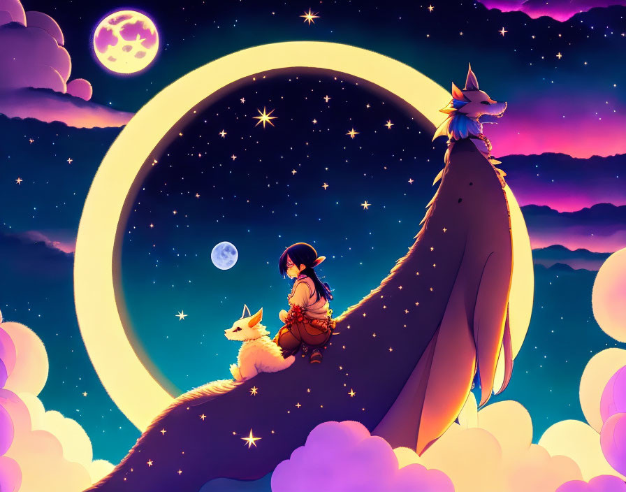 Stylized artwork of girl with fox on wolf-like creature under starry sky