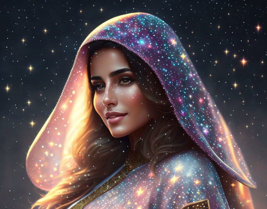 Digital artwork: Woman with galaxy-themed hood in cosmic colors on starry background