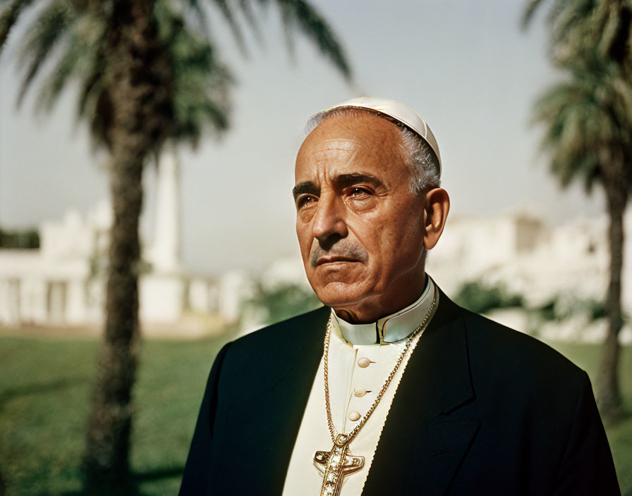 Man in Papal Attire Outdoors with Palm Trees