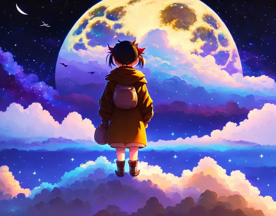 Young girl with backpack under bright moon in starry sky