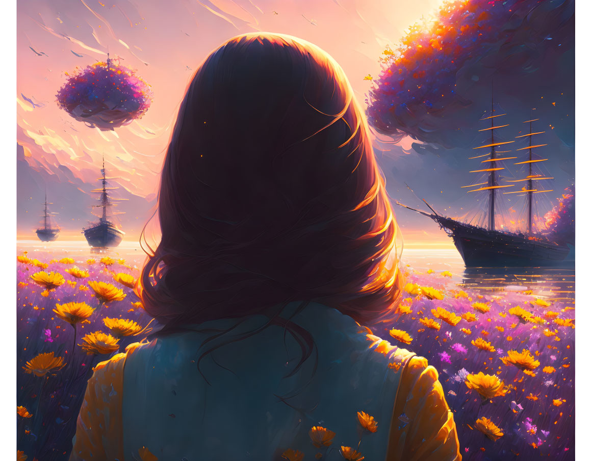 Surreal scene with ships, islands, and vibrant flowers